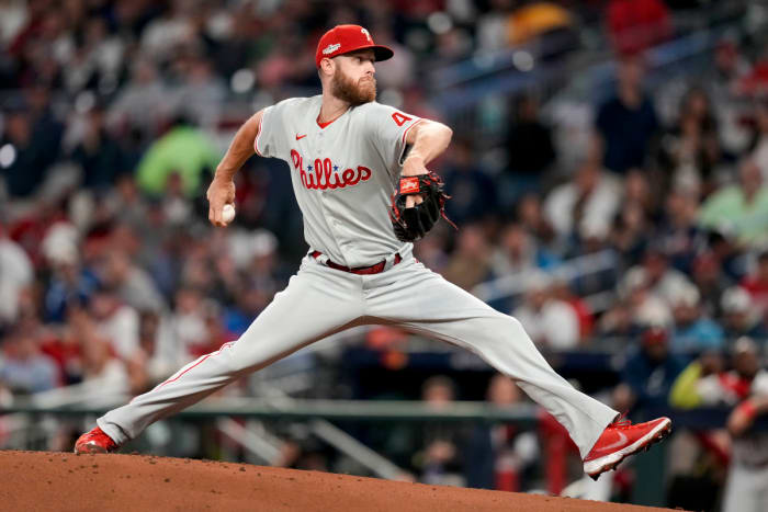 Zack Wheeler stretches to deliver a pitch against the Atlanta Braves in the NLDS.